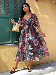 SHEIN LUNE V-Neck Organza Printed Loose Short Sleeve Plus Size Women Vacation Dress, Spring/Summer - Multicolor - View 1