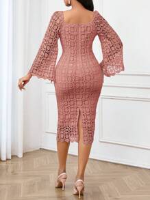 SHEIN Lady 四季秋装化妆舞会礼服优雅女士连衣裙秋季紫色连衣裙蕾丝镂空面料婚纱紫色返校节礼服演唱会女士蕾丝长袖装优雅修身喇叭长袖连衣裙秋季女装 - 珊瑚粉 - 查看 3