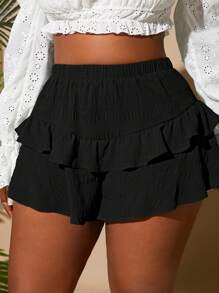 SHEIN SXY Quần short lưng thun đơn giản mùa xuân/hè cỡ lớn, mặc thường ngày/nghỉ dưỡng - màu đen - Xem 4