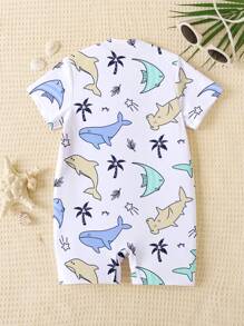 SHEIN Đồ bơi cổ tròn tay ngắn họa tiết cá mập đơn giản cho bé trai, thoải mái cho mùa hè - Nhiều màu - Xem 2