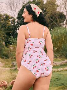 Swim Mod 大码女式樱桃印花聚拢优雅连体泳衣，休闲度假时尚 - 彩色 - 查看 2