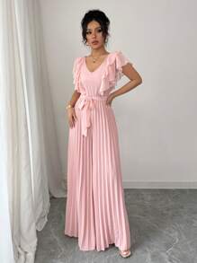 Elenzga 女士 V 领荷叶边修腰 A 字型优雅浪漫连身裤 - 粉色 - 查看 6