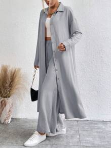 SHEIN LUNE 2 件套女士休闲套装 - 纯色长袖单排扣衬衫和裤子 - 灰色 - 查看 4