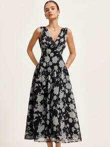 GENKIRA 意大利时尚经典 V 领雪纺印花高腰收腰褶皱下摆喇叭裙，无袖波西米亚度假时尚风格全身印花花卉印花，适合夏季春秋季 - 黑與白 - 查看 3