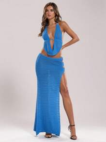 SHEIN BAE 2pcs Sexy Hollow Out Back & Front Slit Halter Women Knit Sweater Set - Blue - View 7