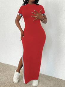 SHEIN LUNE 女士修身圆领撞色边饰开衩连衣裙，适合春夏季长款女装 - 紅色 - 查看 3