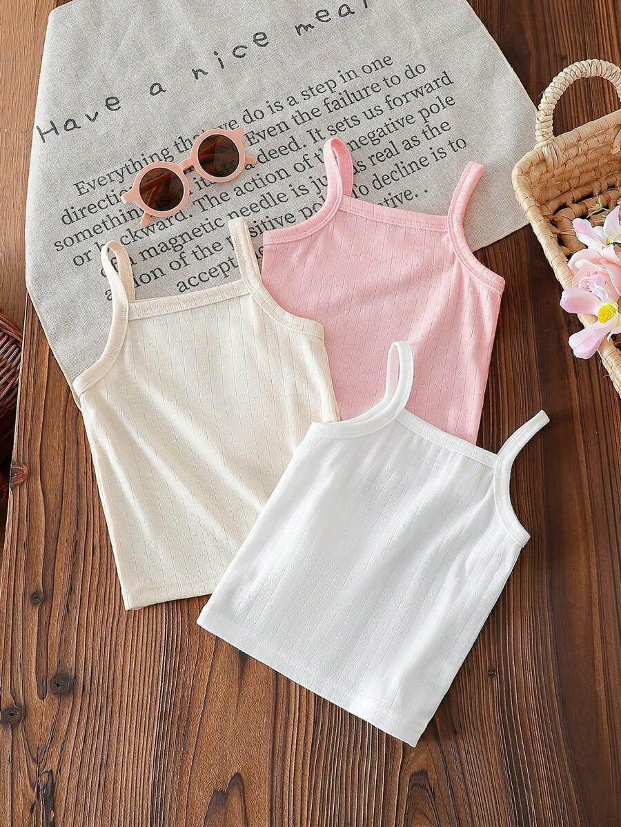Vintaside Kids 3pcs Baby Girls Jacquard Fabric Camisole Vest Top. Sleeveless, Breathable For Outer Wear, Cute & Fashionable, Pastel Colors, Lovely & Versatile. Soft, Comfortable Fabric, Casual Style Suitable For Spring/Summer Outdoor, Daily, Travel - Yellow - View 1