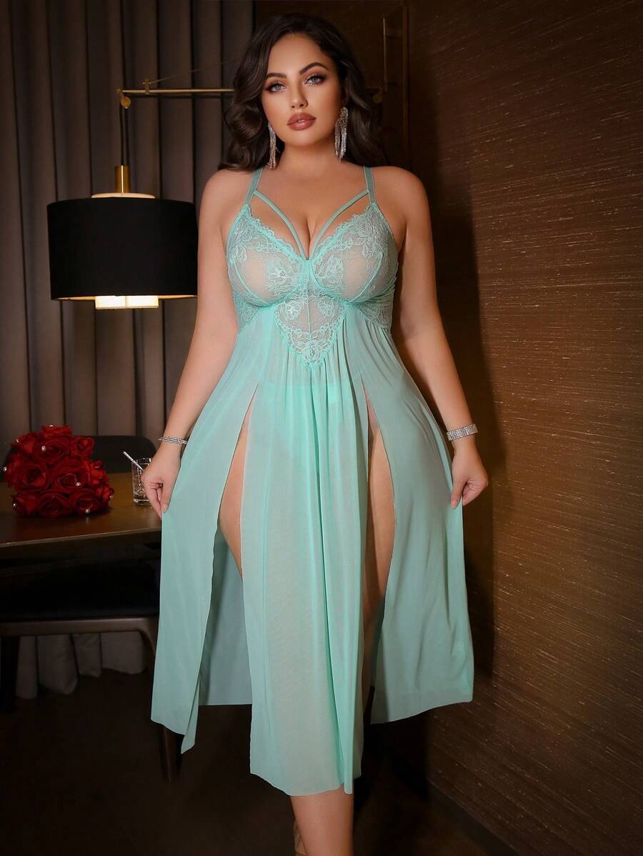 2pcs/Set: Plus Size Mesh & Lace Patch Wireless Sexy Babydoll + G-String Panty - Green - View 1