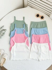 8 件套 女婴休闲纯色针织吊带背心和短裤套装