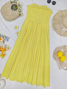 INAWLY Women's Solid Color Ruched Bandeau Dress, Vacation Style - Yellow - View 2