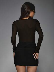 MISSGUIDED Ruched Bodycon Mini Dress Long Sleeve Mesh Panel Evening Party Club Night Out Fitted Little Black Dress Winter Fall Spring Zip Back - Black - View 2