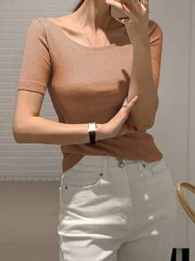 DAZY Women's Fitted Crew Neck Short Sleeve Elegant T-Shirt, Grey, Spring/Summer,Business Casual Women