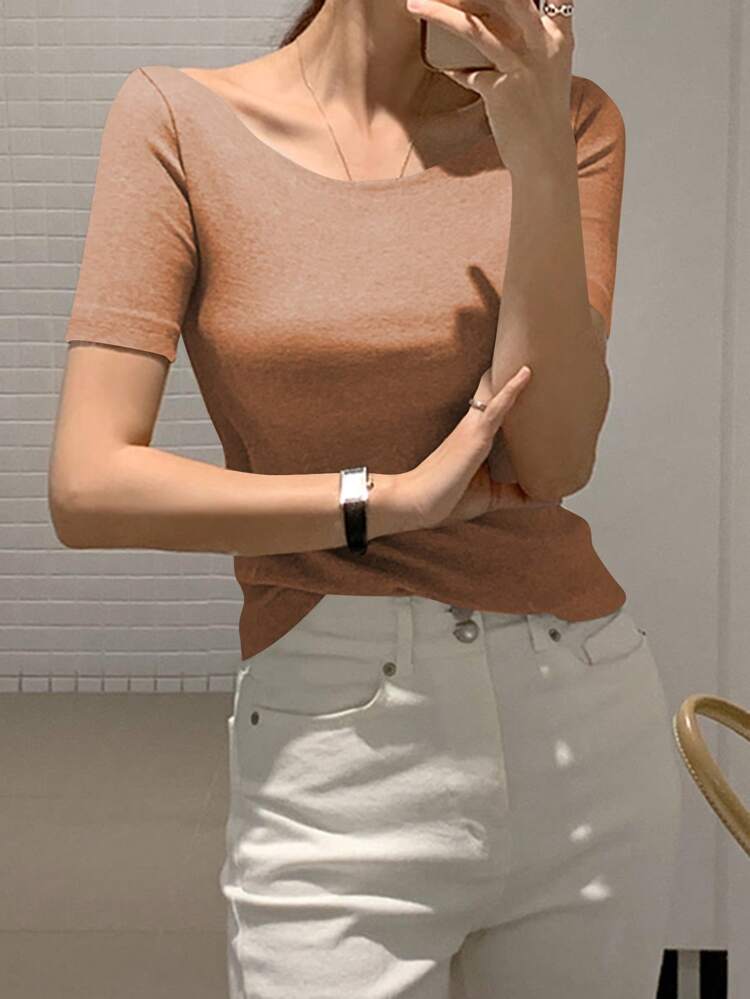 Women's Fitted Crew Neck Short Sleeve Elegant T-Shirt, Grey, Spring/Summer,Business Casual Women