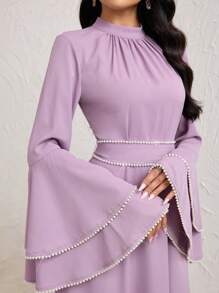 Veilorie 女士优雅阿拉伯风格珍珠装饰喇叭袖连衣裙 - 粉色 - 查看 5