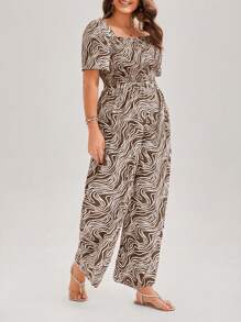 Women Plus Size Striped Print Square Neck Short Sleeve Jumpsuit With Waisted Flared Pants - Multicolor - View 3