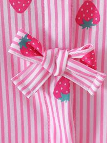 SHEIN Young Girl Strawberry Stripe Print Cute Puff Sleeve Blouse,Holiday,Summer, Travel - Hot Pink - View 5