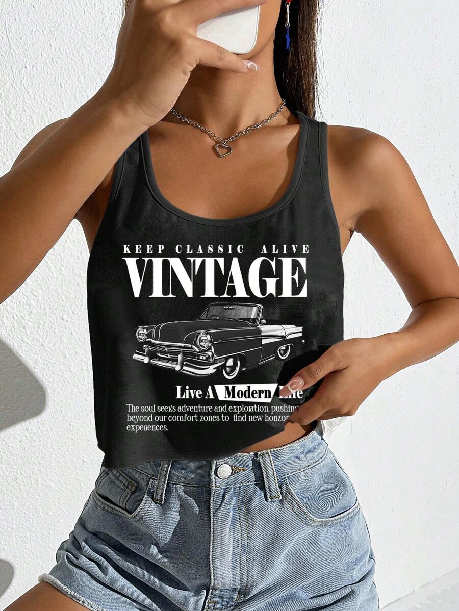 SHEIN EZwear Áo ba lỗ không tay rộng rãi họa tiết xe hơi cổ điển dành cho nữ màu đen