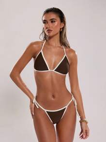 SHEIN BAE Women's Solid Color Halter Tie Sexy Bikini Swimsuit Set, Summer Beach - Brown - View 6
