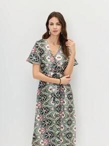 Miaspire 女士花卉印花腰结短袖中长连衣裙，适合度假