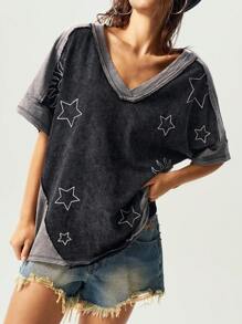 Bohemela 夏季休闲牛仔风格撞色V领短袖宽松水洗女式T恤 - 黑色 - 查看 3