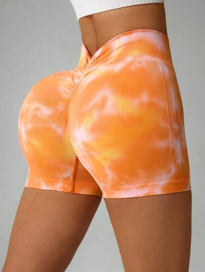 Easithlete 女式扎染印花褶饰休闲运动短裤骑行短裤