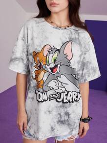 TOM & JERRY X SHEIN Women's Casual Tie Dye Cartoon Print Loose Drop Shoulder T-Shirt, Summer,Gray Tie-Dye T-Shirt, Cartoon Pattern Print, Versatile, Casual