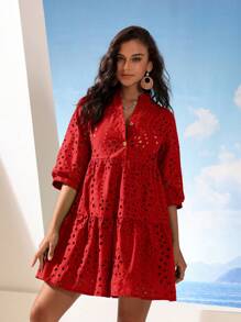 Aveloria Modichic 纯色孔眼刺绣 A 字裙度假装女士 - 紅色 - 查看 6