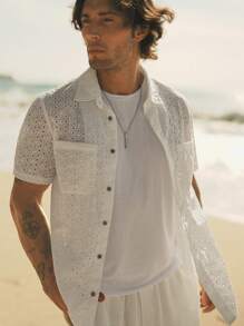 Manfinity VCAY Camisa casual de manga corta de ajuste regular con bordado hueco y unicolor para hombre - Blanco - Ver 3
