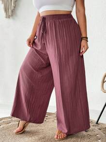 SHEIN CURVE+ 大码女装新款春夏商务休闲女士沙滩装，时尚通勤优雅阔腿裤，带口袋，海滩度假装 - 中紫紅色 - 查看 8