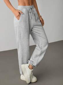 SHEIN PETITE Women's Casual Solid Color Pants, Simple Stylish Design Suitable For Summer - Grey - View 5
