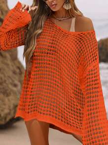 LanaWest Vacation Beach Casual Solid Color Hollow Out Knitted Loose Bikini Cover Up For Summer - Burnt Orange - View 1