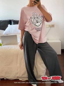 TOM AND JERRY X DAZY Printed Graphic Short Sleeve T-Shirt Top And Solid Color Loose Straight Pants Pajama Set - Pink - View 3