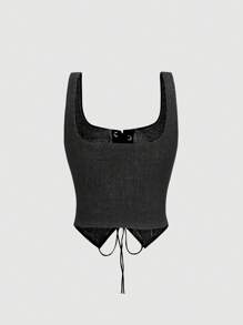 SHEIN MOD Lace Up Front Asymmetrical Hem Denim Vintage Slim Fit Top Goth Goth - Black - View 2