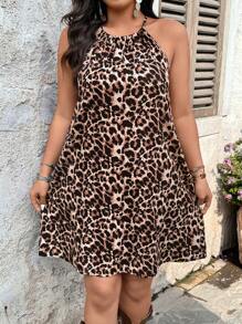 SHEIN VCAY Plus Size Women's Loose Fit Woven Leopard Print Summer Dress