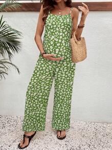 SHEIN 雏菊印花孕妇休闲阔腿连体裤 - 綠色 - 查看 3