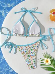 SHEIN Swim Nuevos conjuntos de bikini sexy con estampado de estrella de mar en patchwork de colores, cierre de atar en el cuello para mujeres 2022 - Multicolor - Ver 8