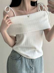 DAZY 女士纯色细肩带优雅短袖 T 恤，夏季，露肩上衣 - 白色 - 查看 5