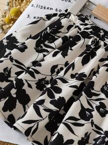 年轻女孩花卉印花松紧腰休闲夏季 A 字裙 - 卡其色 - 查看 4