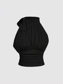 SHEIN MOD Áo thun đen cổ đứng thắt nơ cỡ lớn có dây rút xếp ly - màu đen - Xem 1
