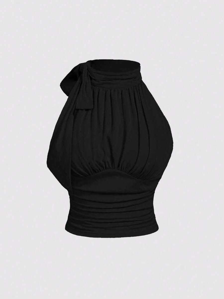 SHEIN MOD Áo thun đen cổ đứng thắt nơ cỡ lớn có dây rút xếp ly - màu đen - Xem 1