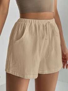 SHEIN Tall 素色斜口袋前打結佛羅里達短褲，高個女性適用 - 卡其色 - 查看 8