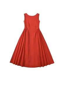 SHEIN Essnce Backless Red Midi Dress Summer Wedding Guest Elegant Brunch Lunch Dress Vintage Style - Red - View 4