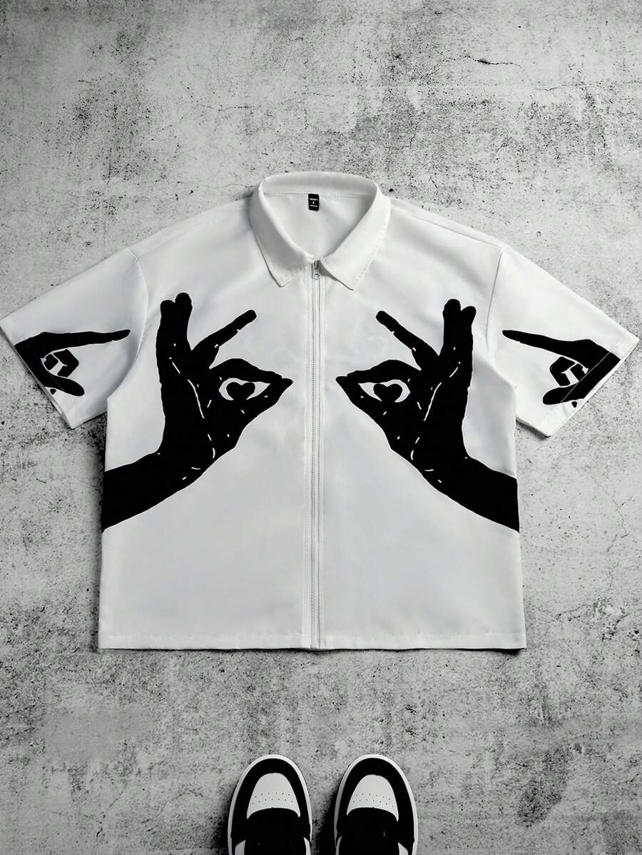 PAVTROS Manfinity Streetrush 男士街头学院风衬衫，INS 高街嘻哈宽松短袖衬衫。这款衬衫采用拉链门襟设计和经典条纹图案，适合四季穿着，是送给男友或丈夫的绝佳礼物，Y2K 街头服饰。 - 彩色 - 查看 1