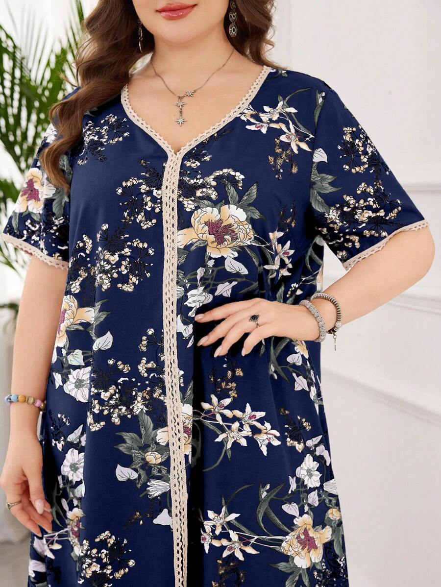 Lacomfia 花卉印花荷叶边宽松休闲短袖连衣裙，大码，春夏 - 彩色 - 查看 1