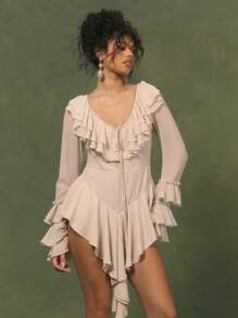 MUSERA Mono de manga larga con cuello de pico, cuello con volantes extremos, dobladillo con volantes, look lindo y sexy, adecuado para Ibiza, primavera, verano, club, vacaciones, vacaciones, estilo bohemio, primavera, verano, elegante ropa de playa