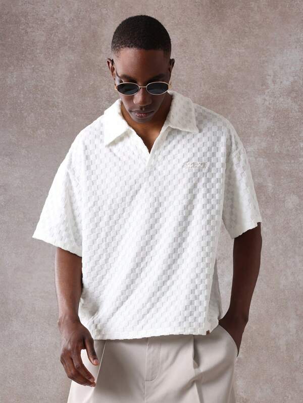 SUMWON Chemise polo de luxe pour villégiature, motif texturé à carreaux, coupe relaxée, tenue d'été, de golf, de tennis, de club, en tissu de luxe éponge, classique de sport