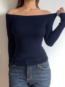 SHEIN BASICS Women's Casual Solid Color Off-Shoulder Long Sleeve Fitted Regular Blouse Navy Blue - Navy Blue - View 6