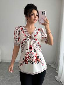 Elenzga Blusa con estampado floral, manga abullonada y nudo adelante para mujer, ideal para vacaciones