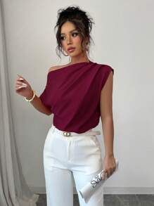 Elenzga Blusa de mujer con cuello asimétrico y plisada, de unicolor
