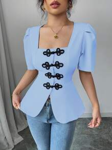 SHEIN Clasi Elegant Hollow Chinese Knot Waist Tie Puff Sleeve Vacation Style, Simple Office Vintage Print Shirt - Blue - View 6